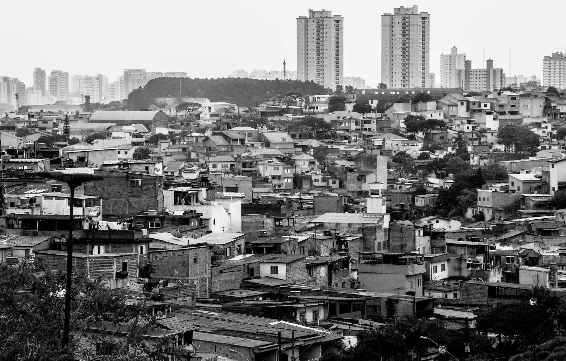aerial view of jampacked houses, looking like a slum area